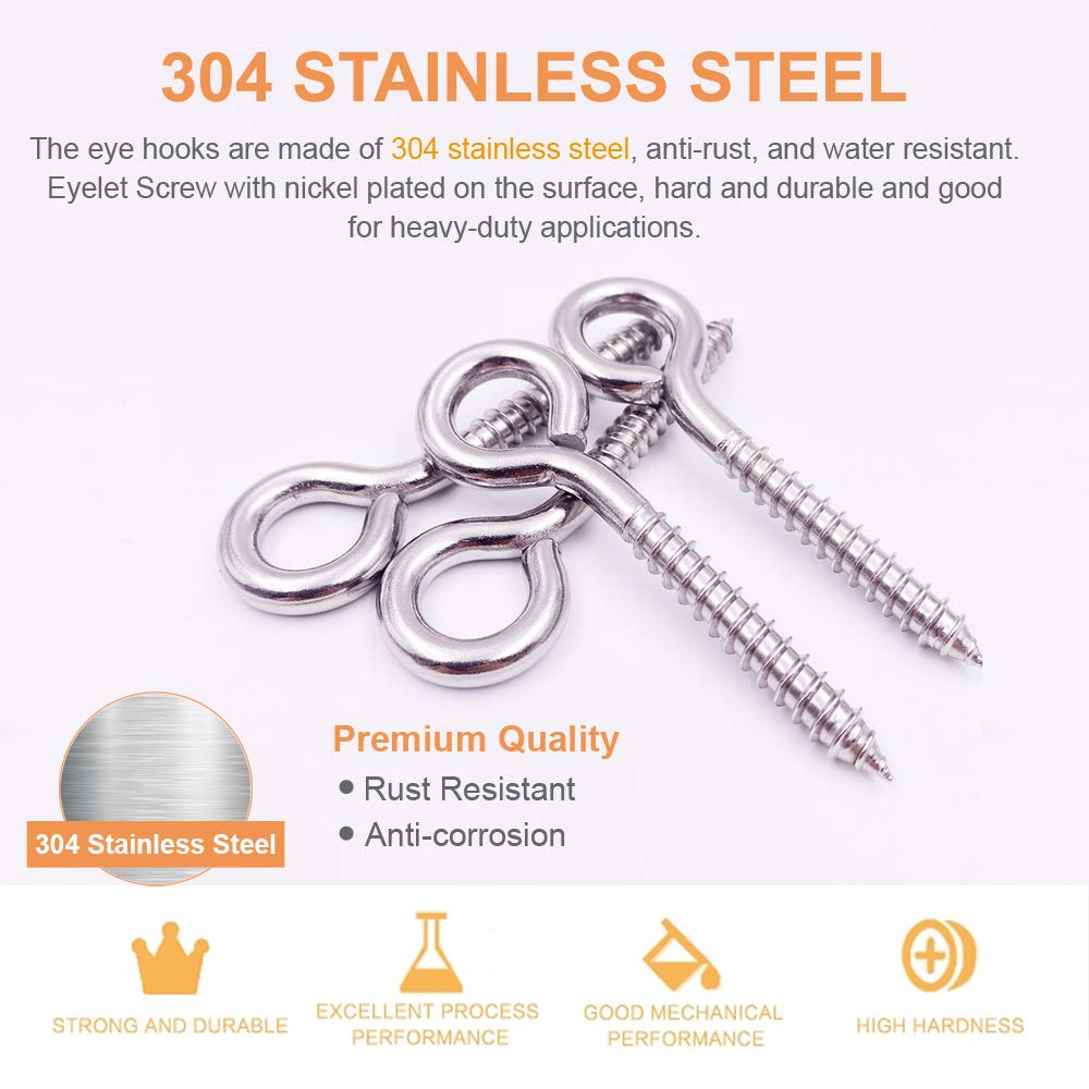 304 Stainless Steel Eye Shape Screws Metal Hook, Heavy Duty Hanging Hooks Eyelet Screws Bolt for Yoga & Brazilian Hammocks - Image 4