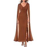 Lrady Women's Evening Gowns V Neck High Split Wedding Guest Cocktail Formal Party Maxi Dresses with Cape Sleeve