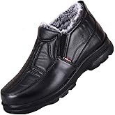 Helenbra Men's Leather Warm Fur Lined Snow Boots Winter Outdoor Anti-Slip Middle-aged and elderly Comfort Slip On Lightweight Casual Walking Loafers