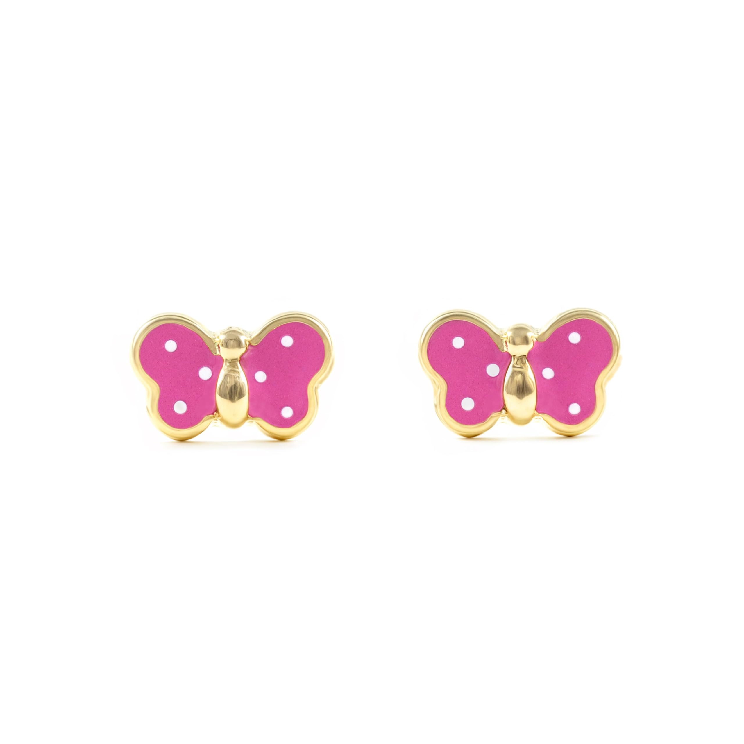Mondepetit - 18ct Yellow Gold Intense Pink Enamel Butterfly Children's Baby Girls Earrings shine