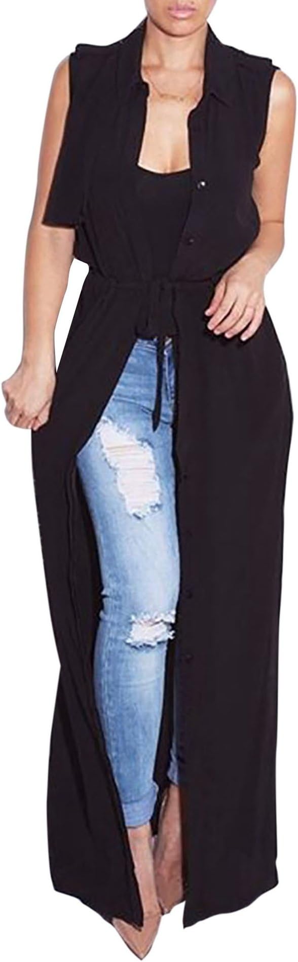 Kearia Women Fashion Sleeveless Waistcoat Chiffon Maxi Cardigan Thin Vest with Belt