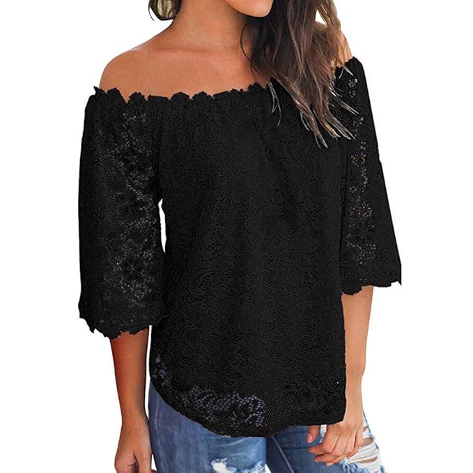 TOPSELD Top Damen, Frauen Weg Von Der Schulter Spitze Kurzschluss HüLsen Boot Ausschnitt T-Shirt üBersteigt Blusen