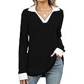 BAISHENGGT Women's Contrast Collared Shirts Casual Long Sleeve Ribbed Fall Tops Lightweight Tunic Sweaters