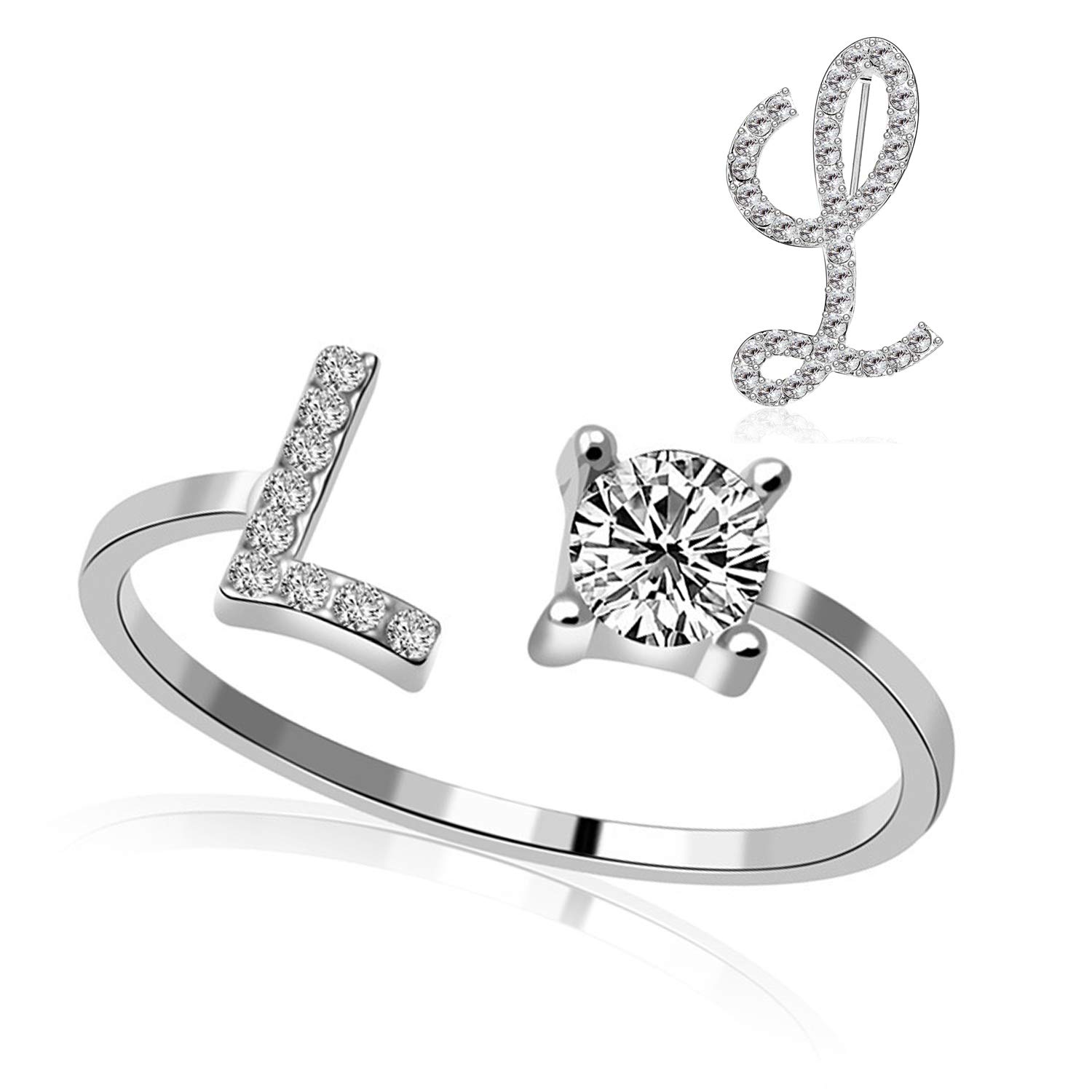 RINHOO Initial Knuckle Rings and Brooch Pin Silver Crystal 26 A-Z Letter Alphabet Adjustable Ring for Women Girl Jewelry, Crystal
