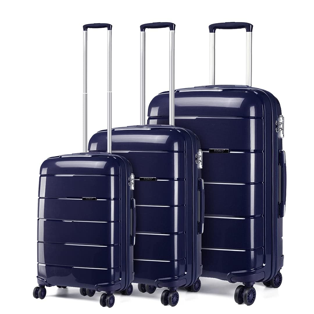 Kono Lightweight Polypropylene Suitcase Hard Shell Luggage Sets Built in TSA Lock 55cm/65cm/74cm (Set of 3, Navy)
