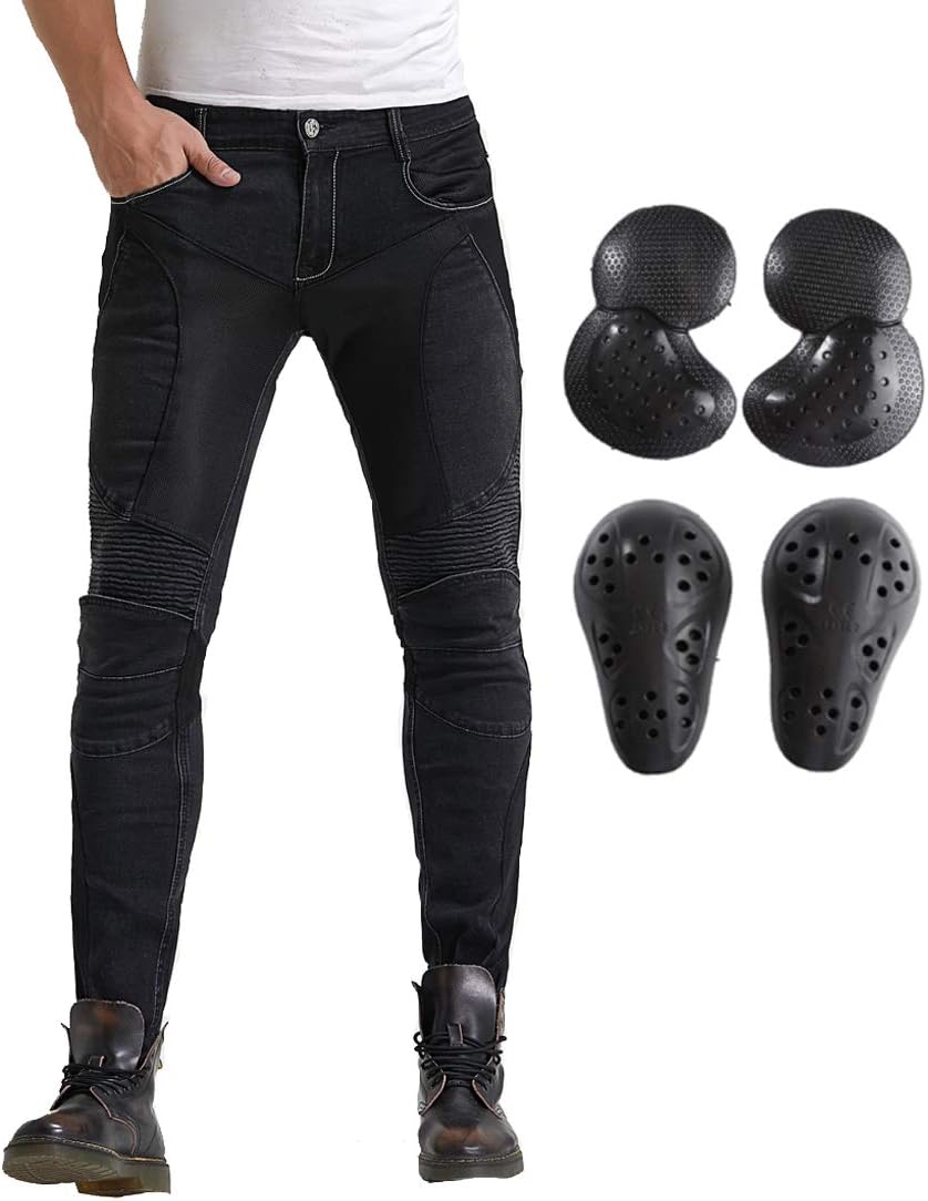 Summer Mesh Motorcycle Riding Jeans With Armor Motocross Racing Slim Stretch Pants (S=28, Black)