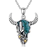 BETHZA Real Turquoise Cow Skull Necklace 925 Sterling Silver Cow Head Pendant Bohemian Western Cowgirl Cowboy Country Jewelry for Women