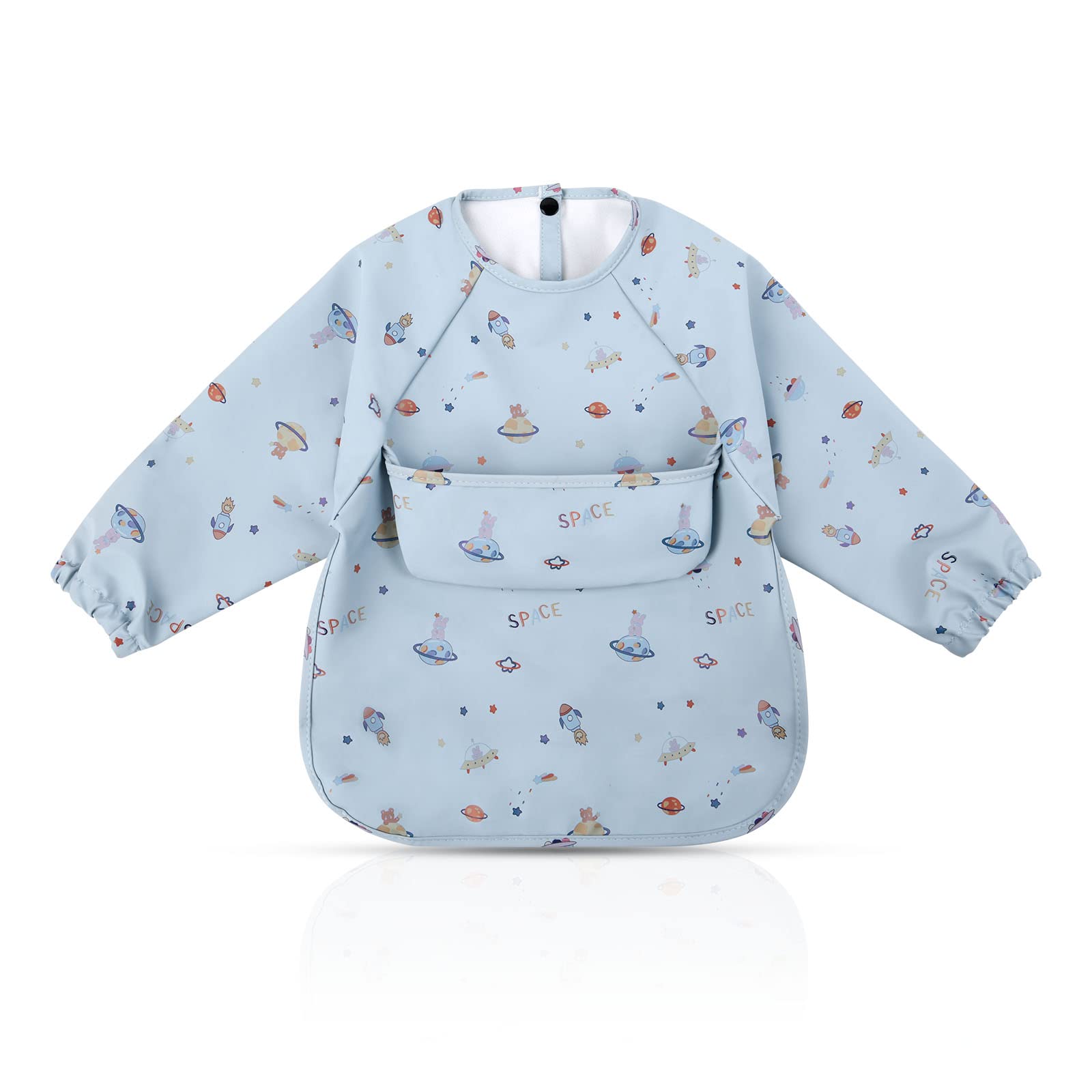 Vicloon Baby Weaning Bibs, PU Feeding Bibs With Long Sleeves And Large Pockets, Waterproof Toddler Bibs Easy to Clean, suitable for Babies From 6 Months to 12 Months