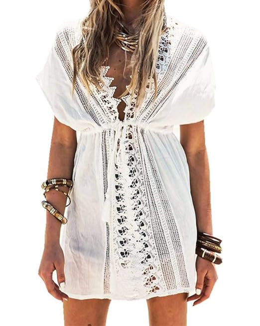 ERGEOB Damen Baumwolle Spitze Strand Bikini Kittel Strandkleid weiß