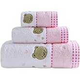 KINGSHORE 3 Piece Premium Bath Towel Set (Cute Bear), 1 Bath Towel 1 Hand Towel 1 Washcloth, Quick-Drying, 100% Cotton，Oeko-TEX Certified (Pink)
