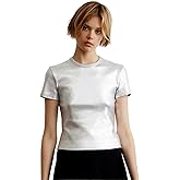 Women's Metallic Silver Short Sleeve T Shirt Sexy Slim Crewneck Crop Top Party Disco Club Tees