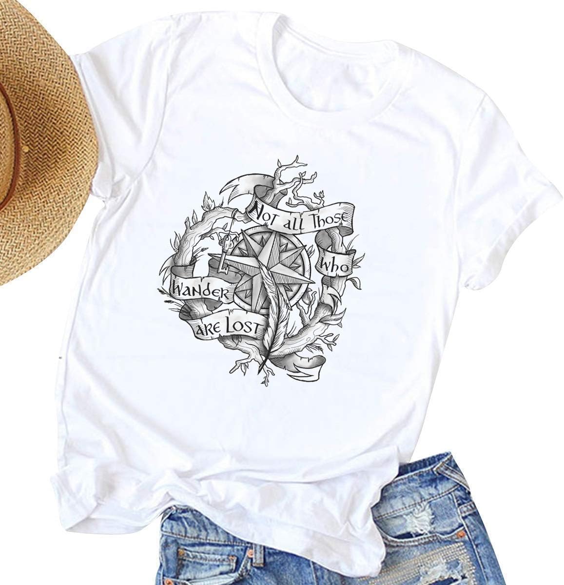 Women Compass Graphic Tee Not All Who Wander are Lost Print Shirt Baseball Casual Tops
