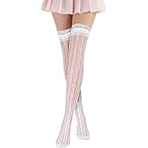 Yolev White Lace Knee High Socks Heart Mesh Long Lace Socks Thigh High Sock With Laces Ruffle Mesh Cuff Knee Highs Stockings for Women