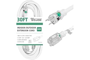 YOJOE Indoor Outdoor Extension Cord with Lighted End, 3 Prong 13A Weatherproof Power Extension Cord, 16 Gauge Heavy Duty 30 ft White Extension Cord for Garage, Garden and Home, 16/3 SJTW UL Listed