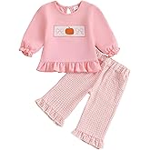 CEHEDDO Toddler Baby Girl Halloween Outfit Smocked Pumpkin Long Sleeve Ruffle Sweatshirt Plaid Pants Set 2Pcs Fall Clothes