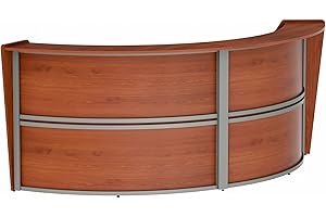 Linea Italia Curved Modern Office Desk Easy to Assembly 2 Panel Reception Counter for Lobby, Salon, 124" x 49", Cherry