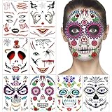 Halloween Temporary Face Tattoos Kit - 2019 Cool Designs, Full Face Sugar Skull Tattoos, for Halloween and Day of the Dead, Easy to Apply and Remove
