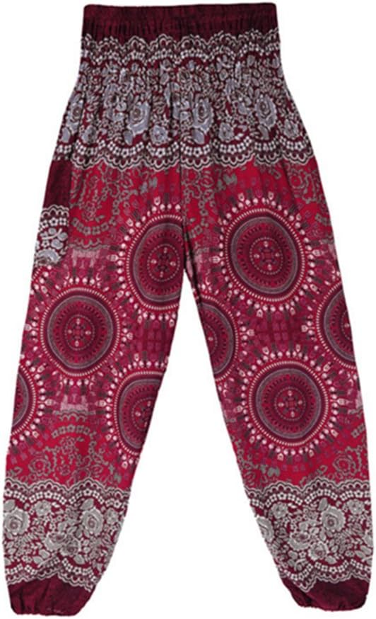 huateng Men and Women Thai Lantern Pants Yoga Pants Indian Compass Ethnic Loose High-Waist Cotton Pants (Red)
