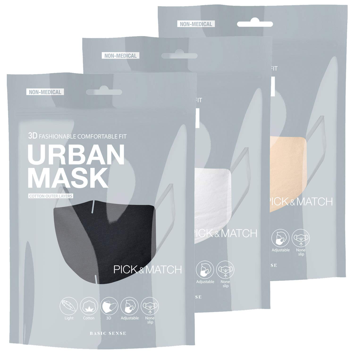 Basic Sense 3 Packs – 100% Cotton Washable Reusable Skin Friendly Plain Face Coverings Masks (Black & White 3 Pack)