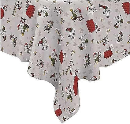 Amazon Peanuts クリスマスホリデー ビニールテーブルクロス Pevaフロント ポリエステルフランネル混紡裏地 楽しいキャラクタープリント スヌーピーとウッドストックのグラフィックとスノーフレークのアクセント付き 60 X 1 横長 テーブルクロス オンライン通販
