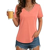 GKBK Womens T Shirts V Neck Short Sleeve Cotton Tops Summer Curved Hem Trendy Basic Tee Shirt S-XXL