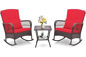ORALNER 3 Pieces Patio Furniture Wicker Rocker Set, Outdoor Rocking Chairs with Cushions, Pillows, Glass Coffee Table, Rattan