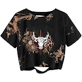 Avanova Women Sun Moon Graphic Distressed Crop Top Oversized Short Sleeve Ripped Tee Shirt