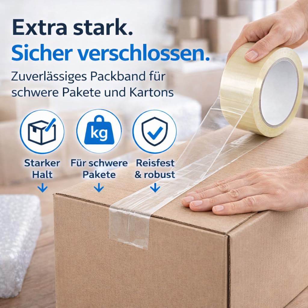 toolmate 6x Klebeband transparent 66 m – extra stark & leise – Packband/Paketband/Verpackungsband für Pakete & Kartons – geeignet für Abroller (6) 6