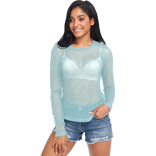 Ice Blue Women's Long Sleeve See Through Mesh Sheer Top Blouse