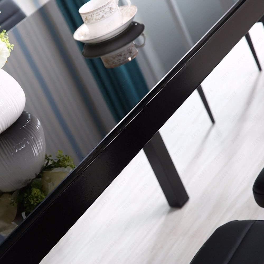 IDS Online 7 Pieces Modern Glass Dining Table Set Faxu Leather With 6 Chairs Black. - Table & Chair Sets