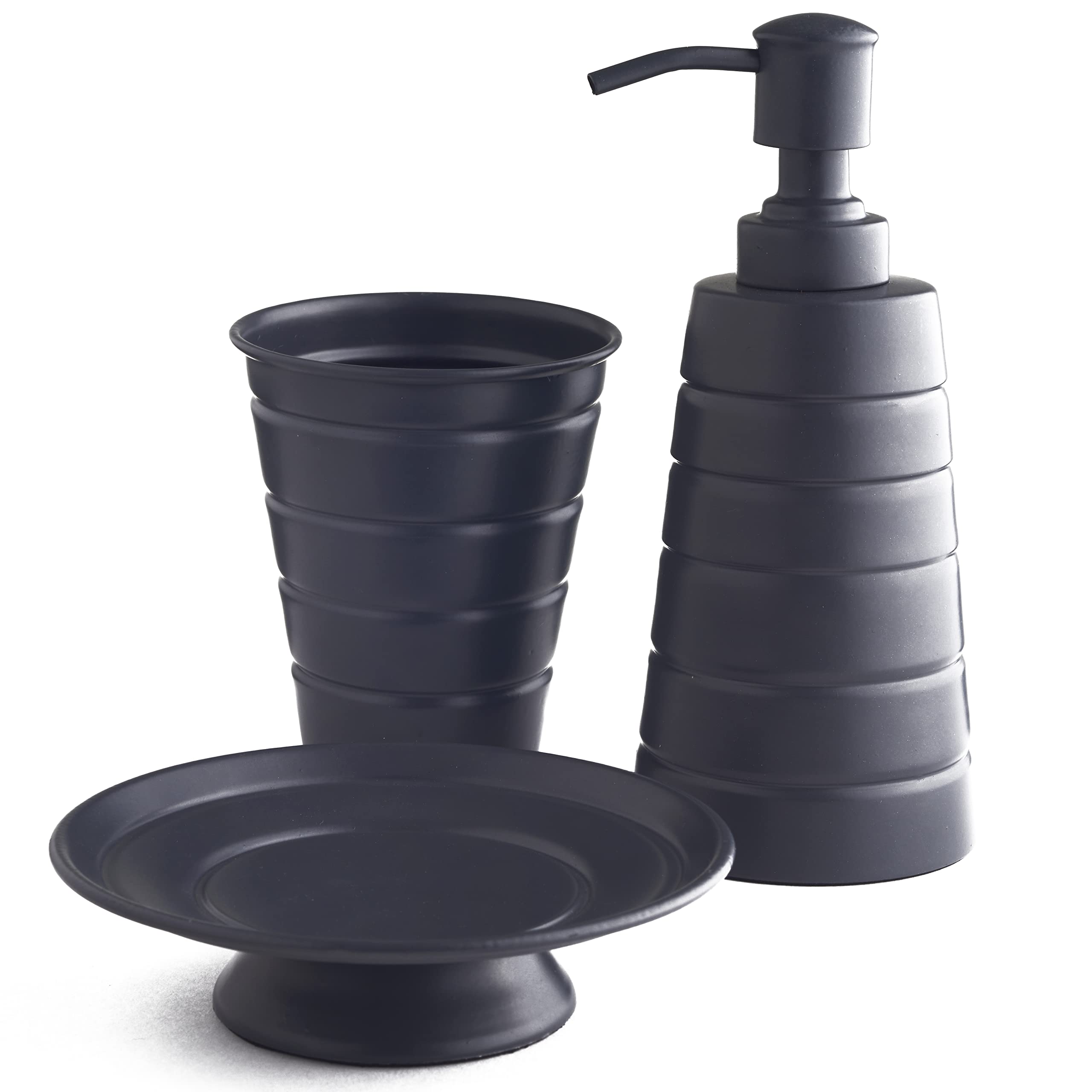 OurHouse Three Piece Bathroom Caddy Set, Accessories Toothbrush Holder, Easy Fill Handwash Lotion Soap Dispenser and Soap Dish, Stylish Colours, Easy To Clean, Modern & Clean Suits Any Bathroom (Grey)