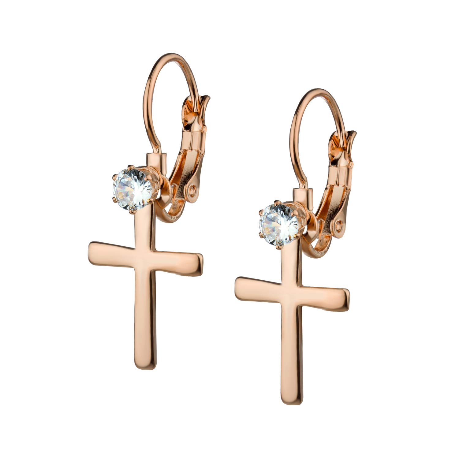 555Jewelry Womens Stainless Steel Small Cross Cubic Zirconia CZ Single Stone Stud Dangle Lever Back Religious Christian Faith Vintage Fashion Jewelry Accessory Earrings, Rose Gold