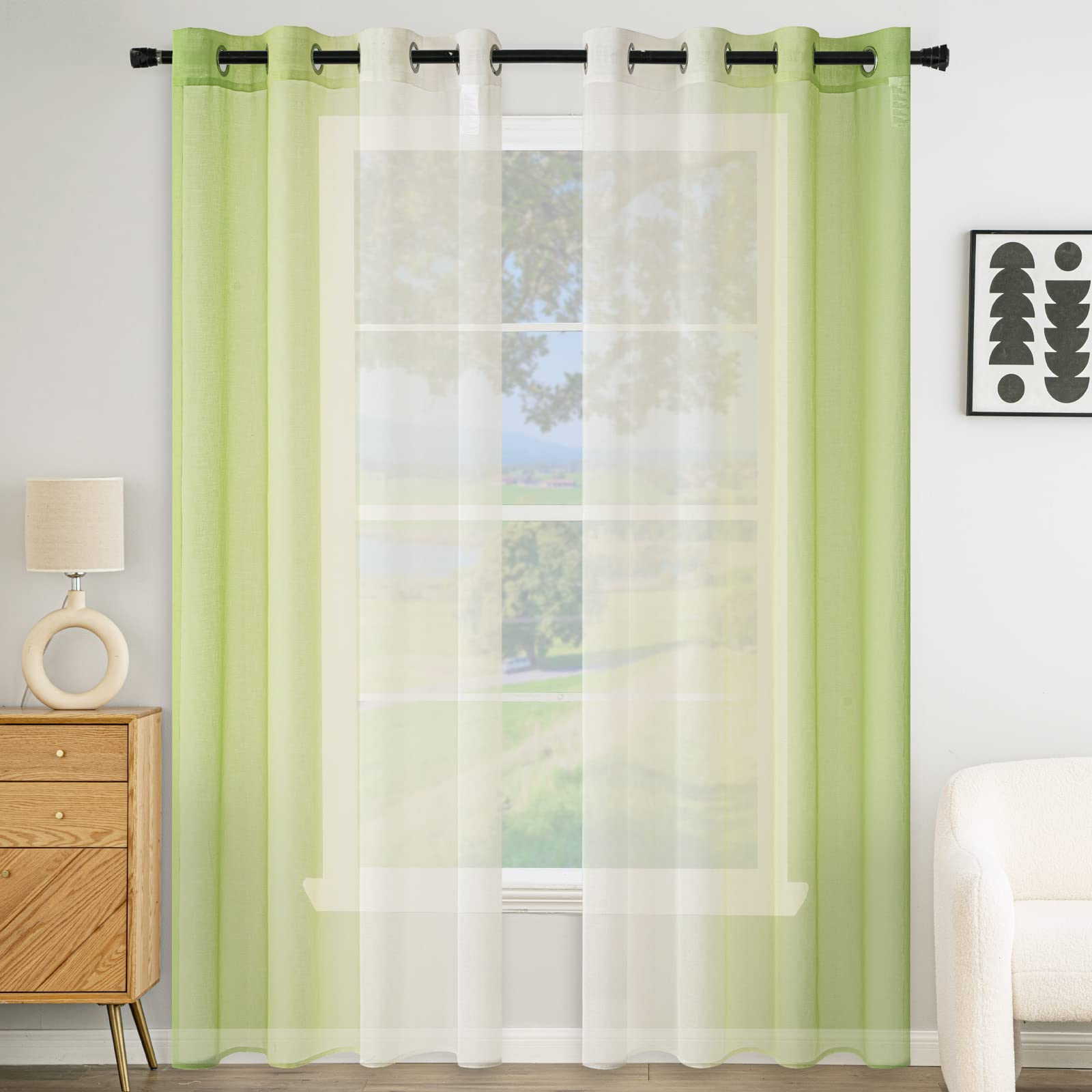 EMEMA Transparent Voile Curtains Gradient Eyelets for Living Room Bedroom Bathroom Kitchen Baby Room Curtain Window Balcony House with 2 Panels 140 x 260CM Green