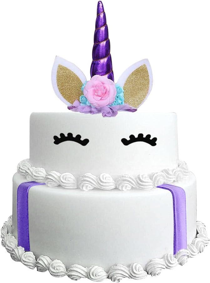 Unicorn Cake Topper - Handmade Unicorn Horn, Ears and Flowers Set - Decoration for Wedding and Birthday Party Cake