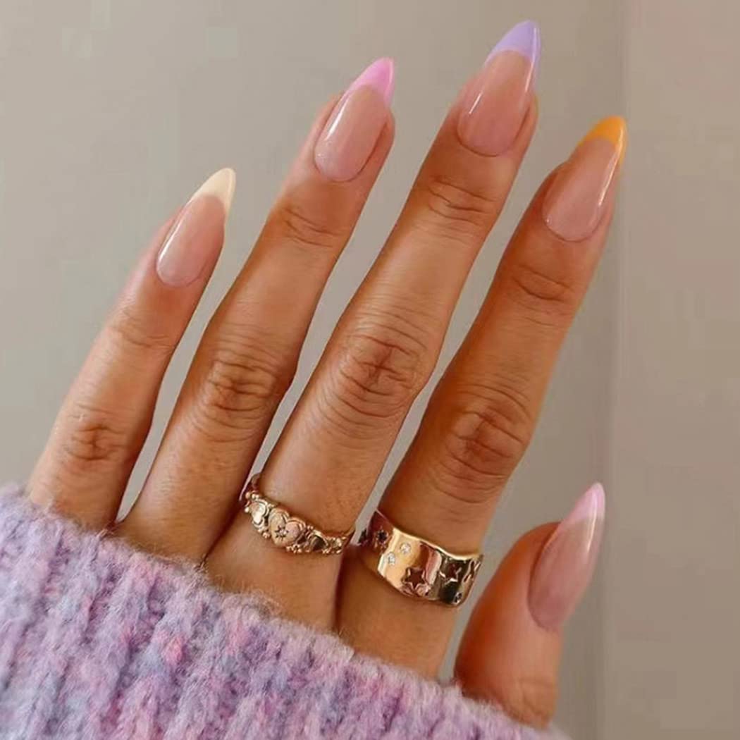 Handcess Oval French False Nails Short Glossy Press on Nails Colorful Acrylic Fake Nails Stick on Nail 24Pcs for Women and Girls