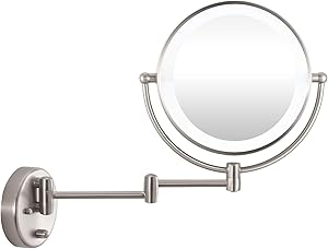 WINGBO 9” LED Lighted Makeup Mirror, Swing Arm Wall Mounted Shaving Mirror Lamp with Swivel Double Sided 1x 8X Magnification for Vanity Bathroom Bedroom, Silvery