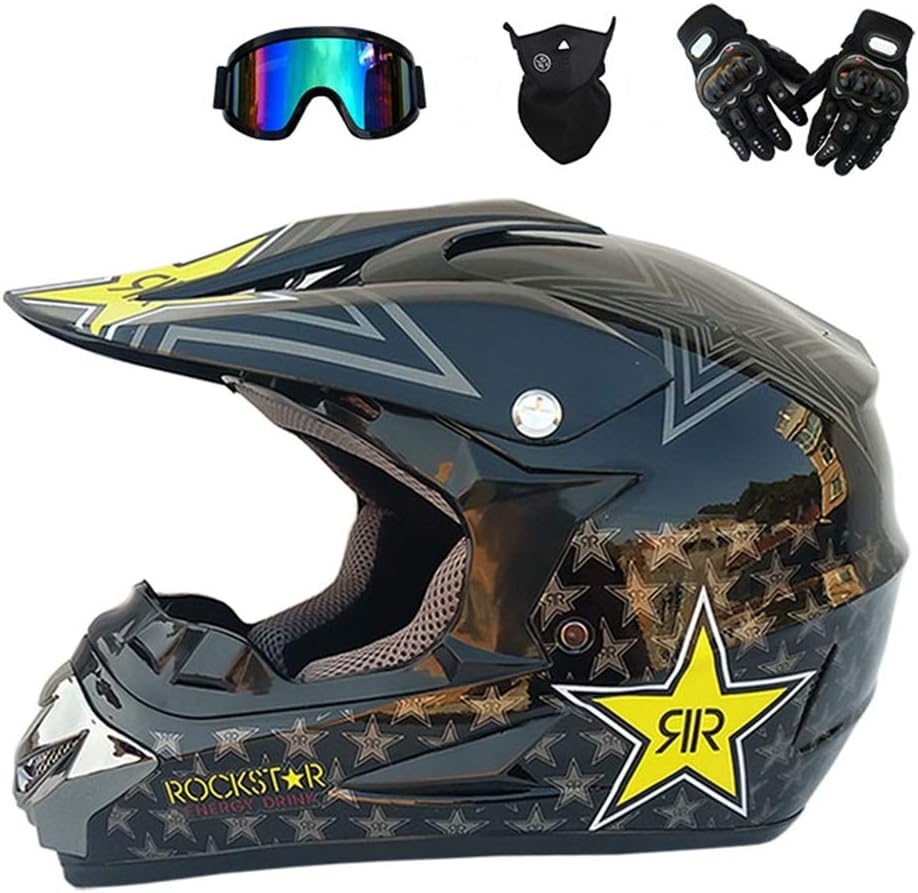 MRDEER® Professional Motorcycle Helmet Set Road Race Off Road Helmet Unisex Adult Full Face Helmet with Goggles, Gloves, Mask,(S, M, L, XL) Size,Brightblack,S