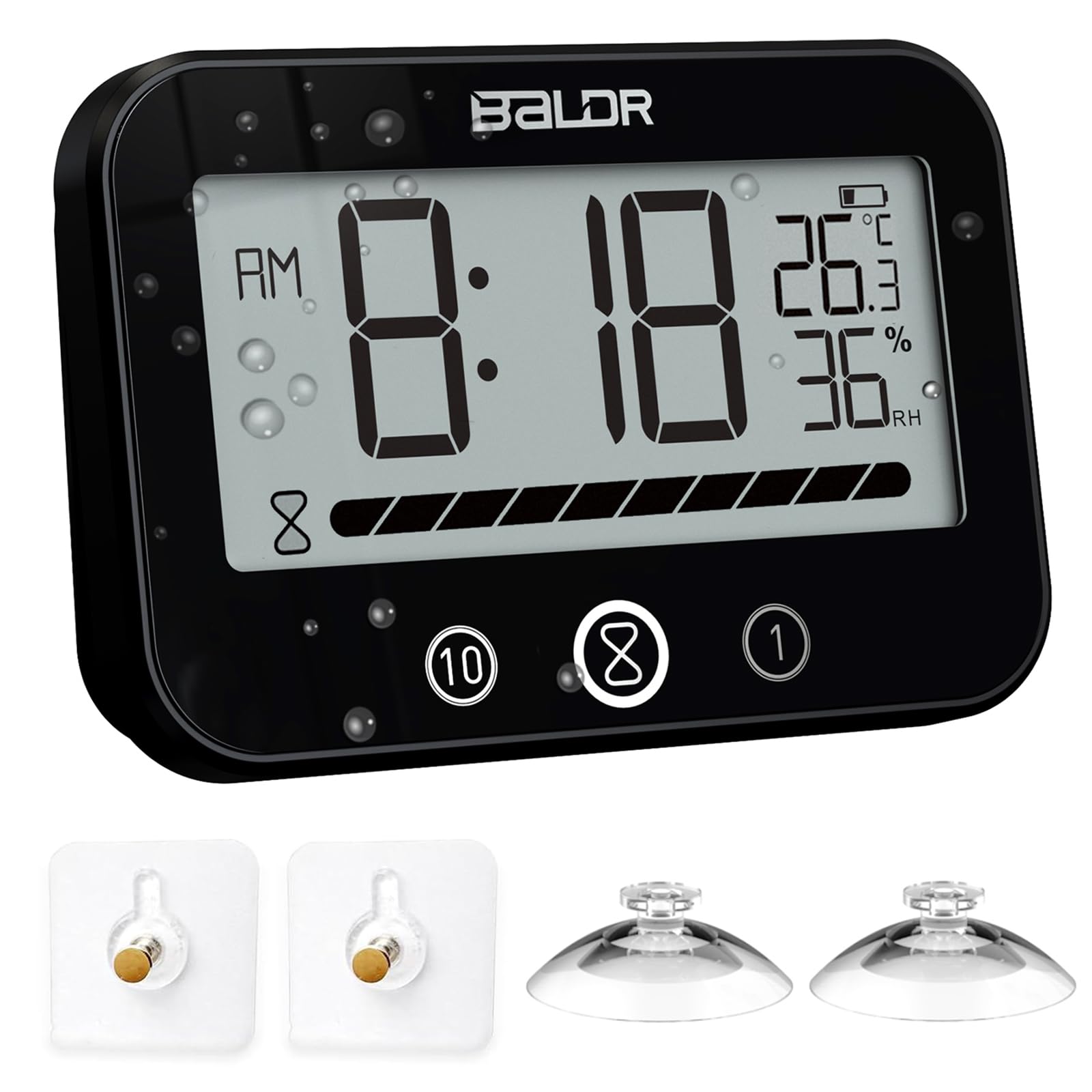 Waterproof Bathroom Timer Shower Wall Clock with Temperature Humidity, Large Display Digital Visual Countdown Kitchen Cooking Timer, Bath Mirror Suction Cup Clock Thermometer Hygrometer Combo (Black)