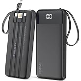 penaover Portable Charger 10000mAh Power Bank with Built-in Cable, 5 Output 2 Input Travel Essential External Battery Pack with LED Display Compatible with iPhone 17/16/15/14 Samsung Android, etc