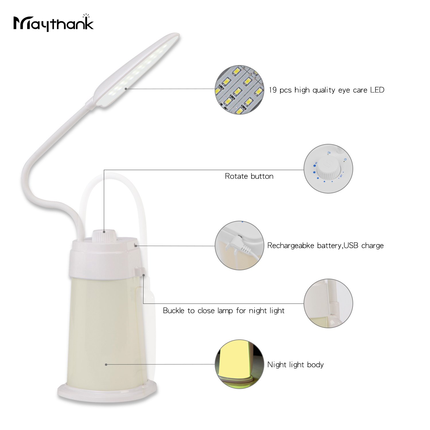 Rechargeable Battery Powered Reading Book Light for Bed, LED Dimmable Adjustable Desk Table Lamp USB Charging Port for Kids Study Bedroom Bedside Nightstand Headboard Lantern, Nursery Night Lamp