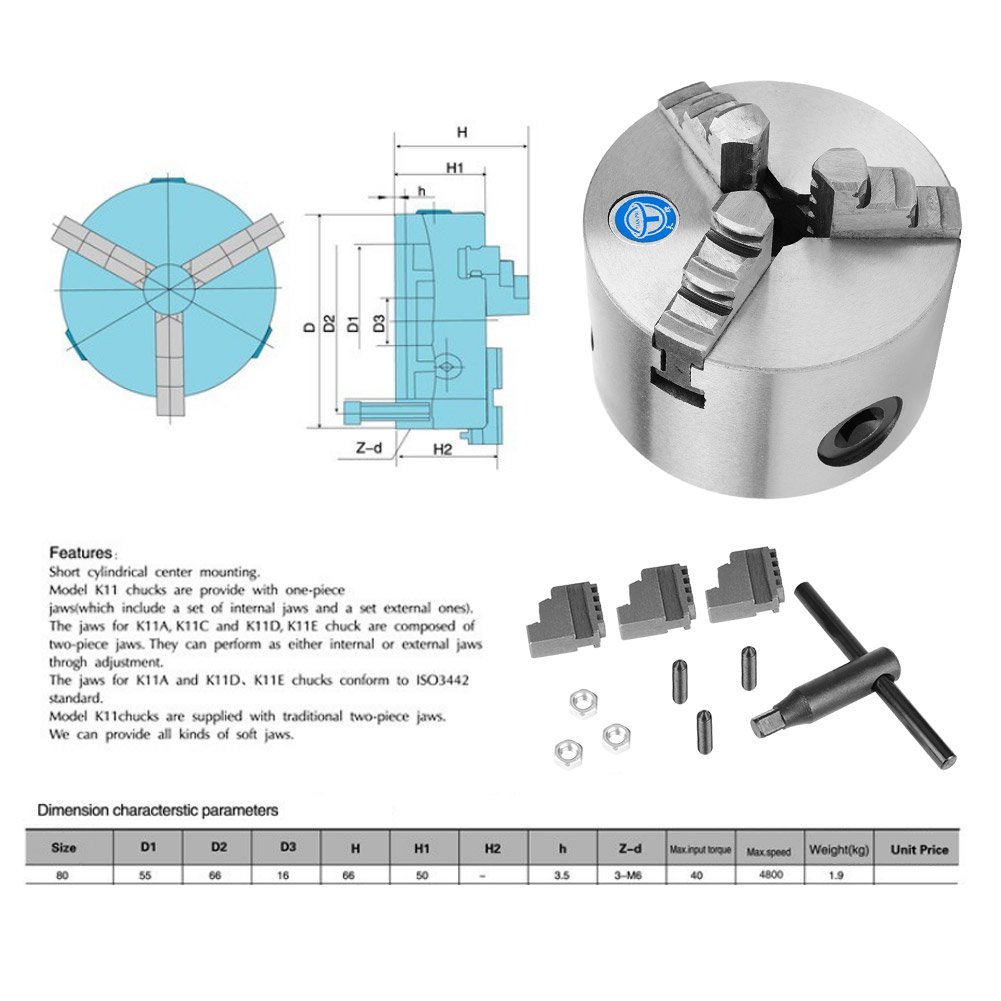 Self-Centering Lathe Chuck, 3inch K11-80 3-Jaw Self-Centering Metal Lathe Chuck with Extra Jaws Turning Machine Accessory - Image 5