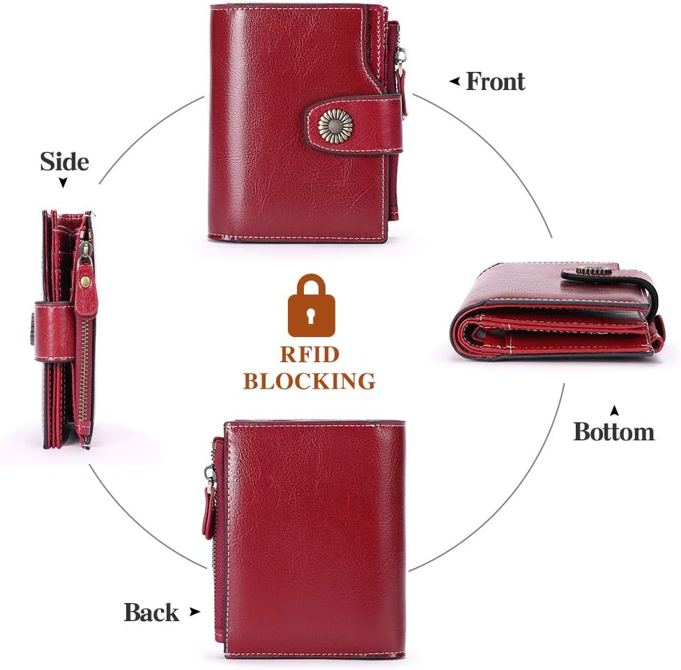 SENDEFN Small Women Wallet Genuine Leather RFID Blocking Bifold Small Purse with Zipper Pocket Wine Red, #Wine Red - Image 5