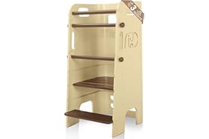 HEYPAPPY Toddler Tower, 3 Levels Adjustable Height Toddlers Standing Tower, Wooden Toddlers Kitchen Stool for Kids with Removable Safety Rail, Closed Back & Anti-Slip Strips