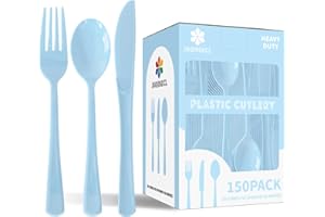 JSQBSECL 150 Pack Plastic Silverware,Disposable Cutlery Set Heavy Duty Utensil Sets 50 Forks 50 Knives 50 Spoons for Brithday, Wedding,Home Office School Party Picnics (Light Blue)