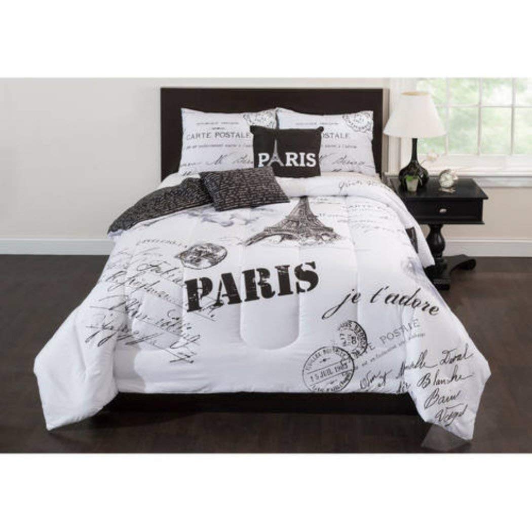 5 Piece Girls I Love Paris Comforter Full Set France Inspired Eiffel Tower Themed Bedding Beautiful Black White Chic Modern Pattern Paris Pillow
