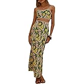 Women's Summer Holiday 2 Piece Outfit Floral Print Backless Cami Top and High Waisted Maxi Slit Skirt Flax Sets