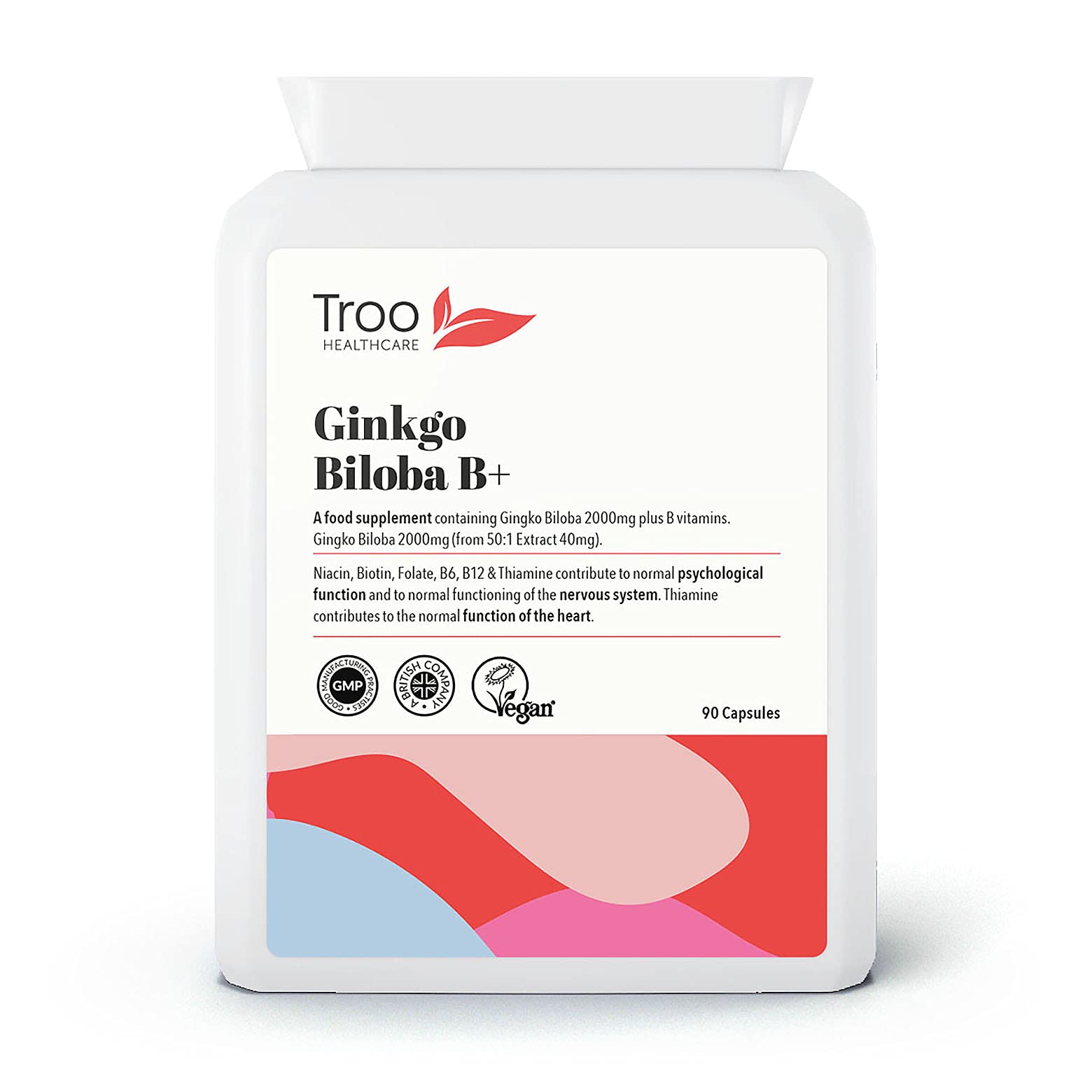 Troo Health Care Troo Ginkgo Biloba B Plus Supplement 2000mg - 90 Vegan Capsules - with Added Vitamin B Complex for Heart, Circulation, Nervous System and Brain Support