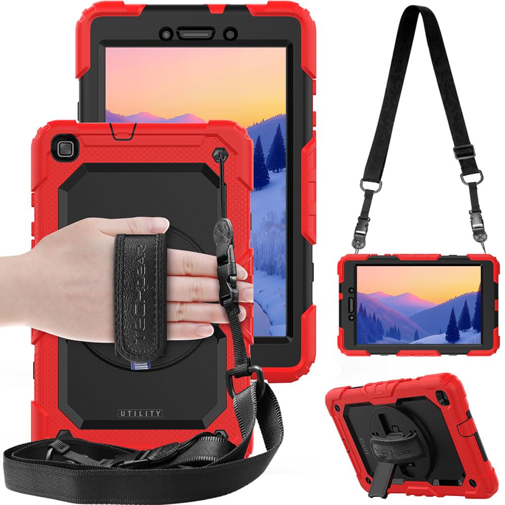 TECHGEAR UTILITY Case fits Samsung Galaxy Tab A 8.0 2019 8" (SM-T290 / SM-T295) Tough Rugged HEAVY DUTY Armour Shockproof Case with 360 Rotating Stand, Hand Strap and Shoulder Strap - Red