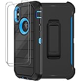for iPhone X Case, iPhone Xs Case with Belt Clip Holster, 2X Screen Protector, Military Grade Shockproof Heavy Duty Full Body Drop-Proof Rugged Protective Cover for Apple iPhone X/Xs (Black Blue)