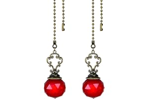 LONGSHENG - SINCE 2001 - Set of 2 Vintage-Style Red Fan Pull Ceiling Fan Chain Pulls Crystal Prism Ball